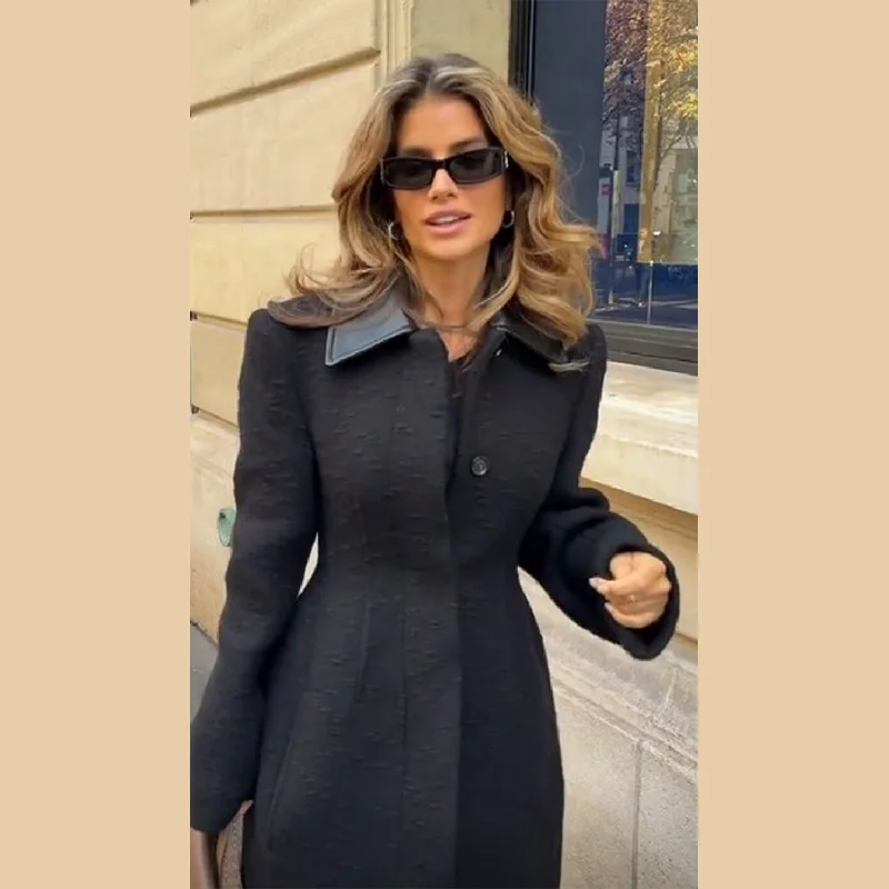 Shirt Collar Slim Fit Black Coat Fashion Single Breasted Long Sleeve High Street Overcoat 2025 New Winter High Street Outerwear