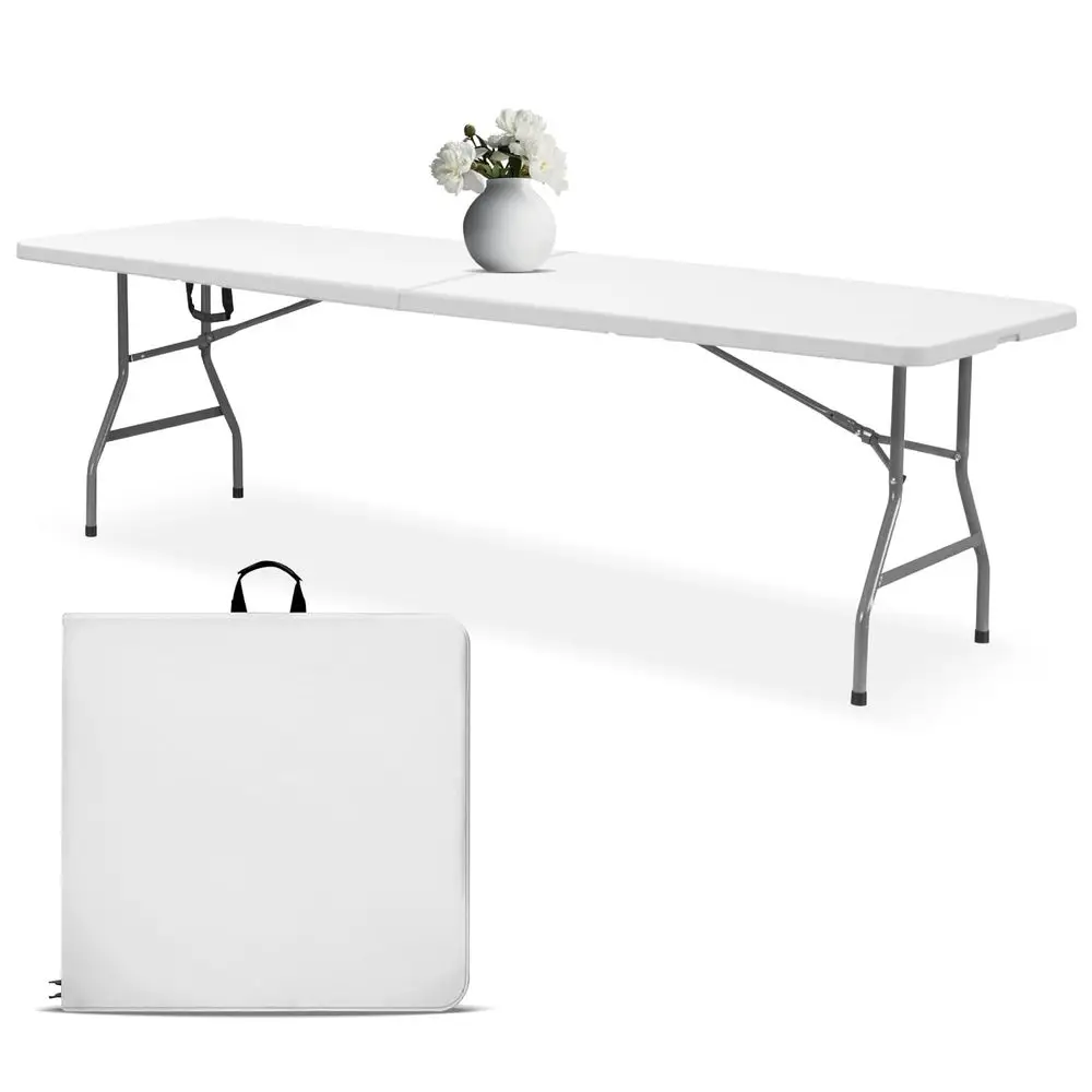 

Белый складной стол 8 футов с ручкой, сверхпрочный, портативный, для использования в помещении и на улице, идеально подходит для мероприятий, кемпинга