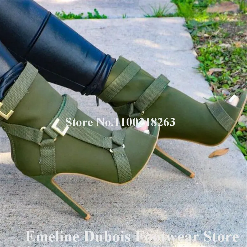 Buckle Gladiator Boots Emeline Dubois Peep Toe Black Green Suede Leather Stiletto Heel Ankle Booties Women Causual High Heels