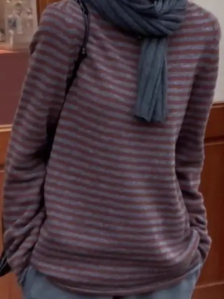 

Элитная женская футболка с длинным рукавом в полоску, с манжетами, больших размеров, модная, стройнящая, омолаживающая, базовый слой, корейский стиль, свободный крой