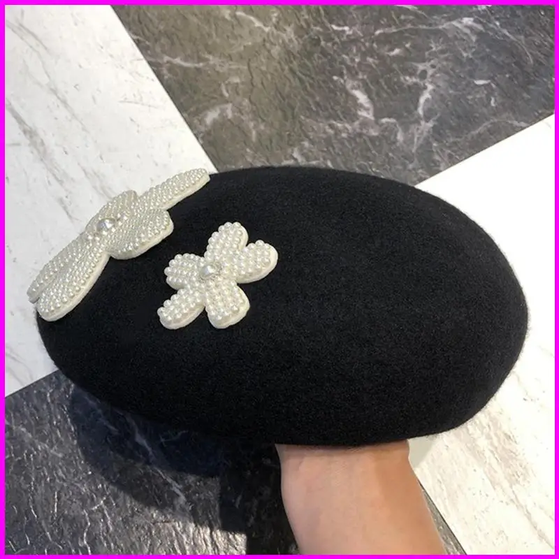 ヴィンテージ ベレー帽 ペインター ハット パール フラワー ウィンター ビーニーハット ブラック オールマッチ