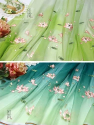 embroidery green blue lotus lace flowers leaf soft Chiffon hanfu shirts doll cloth fabric DIY