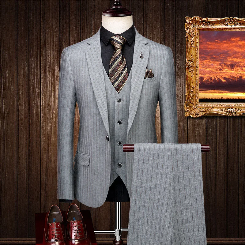 

Elegant Men's Boutique Suit Stripe Slim Fit Formal Business Wedding Groom's Set High Quality 3 Pieces Blazer Vest Pants 2025 New