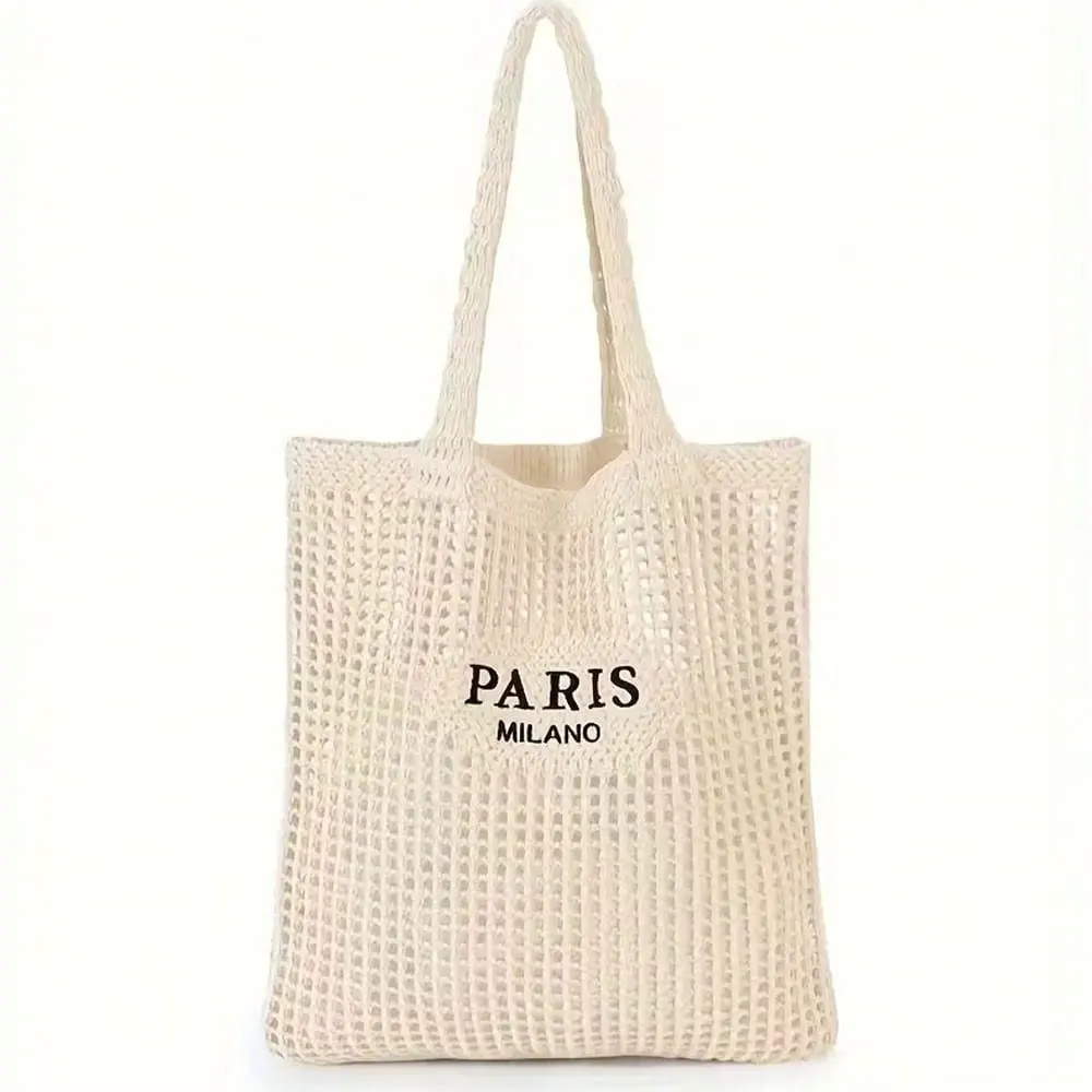 1 Stück Damen-Stricktasche – Offene Schultertasche mit Paris-Schriftzug, atmungsaktive Strand- und Reisetasche, waschbarer Stoff, lässiges Einkaufszubehör, strapazierfähiges gewebtes Design, exklusiv
