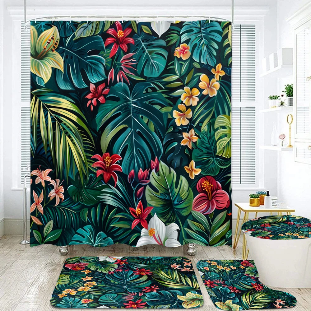 Waterproof Shower Curtain Set Beautiful Flowers and Plants Bath Rug and Mats with Hooks Toilet Seat Cover Bathroom Decoration