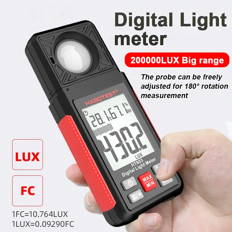 HT603 Portable Lux Meter 0~200,000 Lux Range Digital Illuminance Light Meter with 180° Rotating Sensor Handheld Light Mete