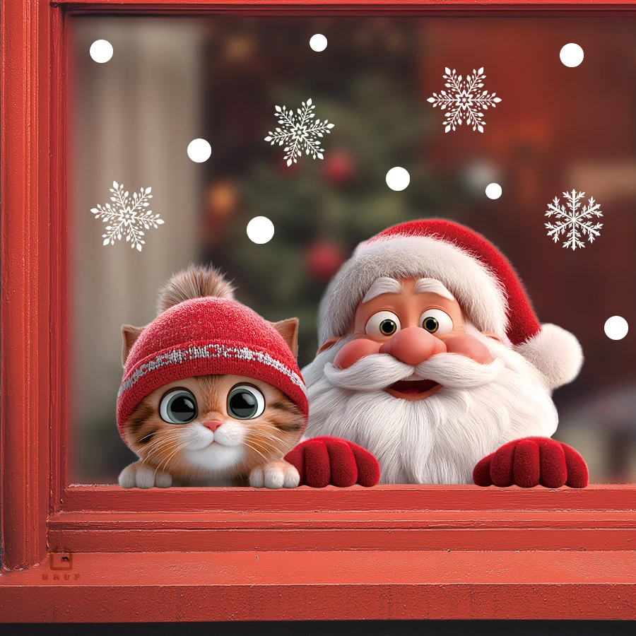 ​ Fensteraufkleber mit Weihnachtsmann-Katze, wiederverwendbar, Weihnachtsaufkleber, Urlaub, Heimdekoration für Kinderzimmer, Fensteraufkleber für Glas, Geschenk