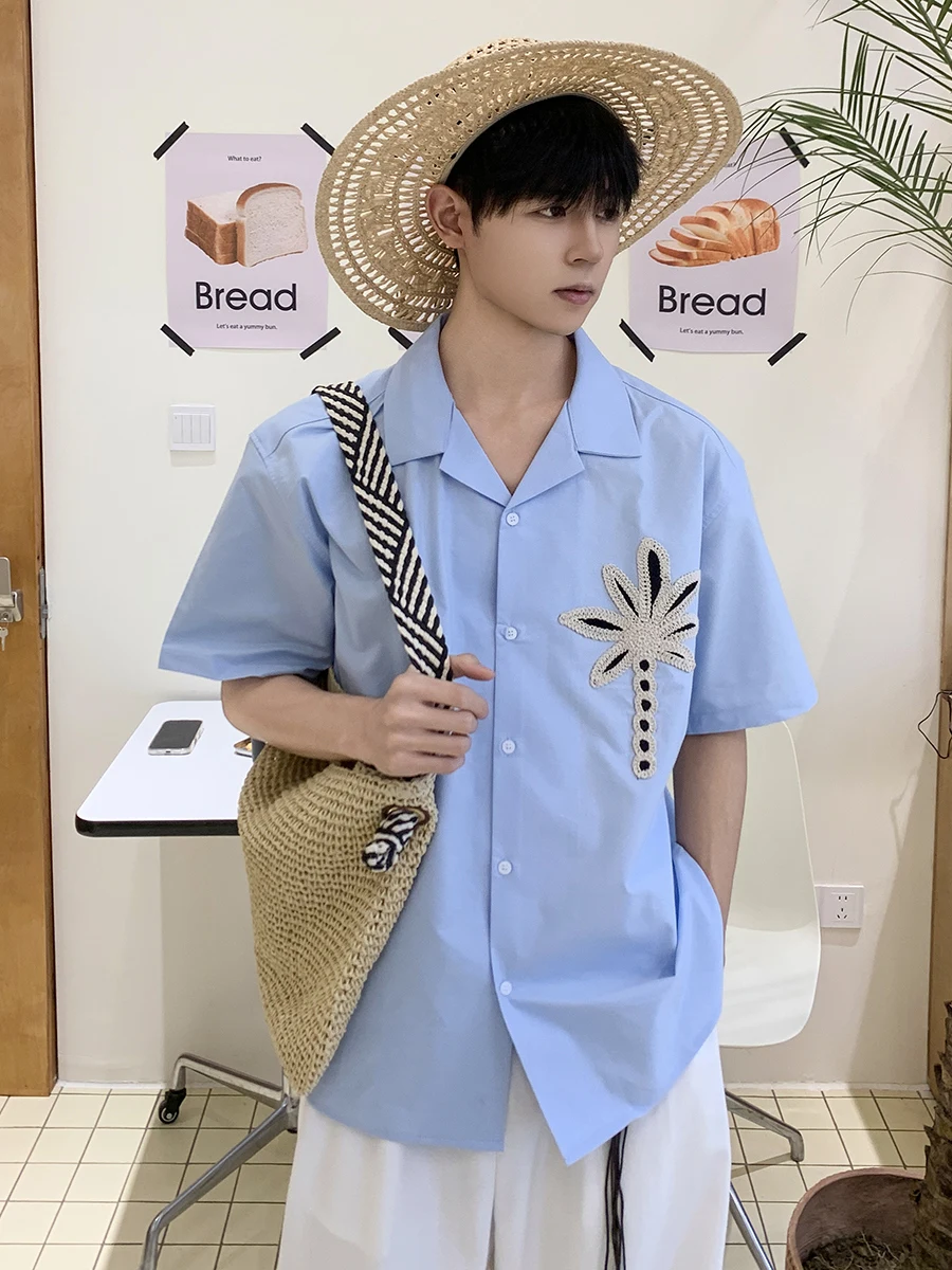 

Cool Feeling Blue Hawaiian nut Tree Pattern Cuban Collar ort Sve Men's irt Summer High End Sensation Stand Fit