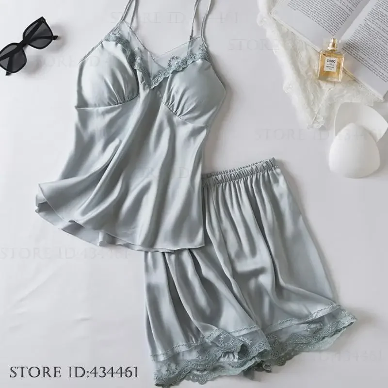 

Новый летний пижамный комплект, домашняя одежда, сексуальный кружевной пижамный костюм без рукавов, женское нижнее белье, женская атласная одежда для сна, топ и шорты на бретелях, одежда для дома