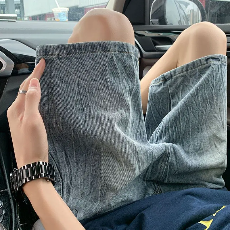 

Retro Blue Lightning Pattern Denim Shorts Men's Summer Casual High Street American Style Five-Point Pants Loose Straight Cut