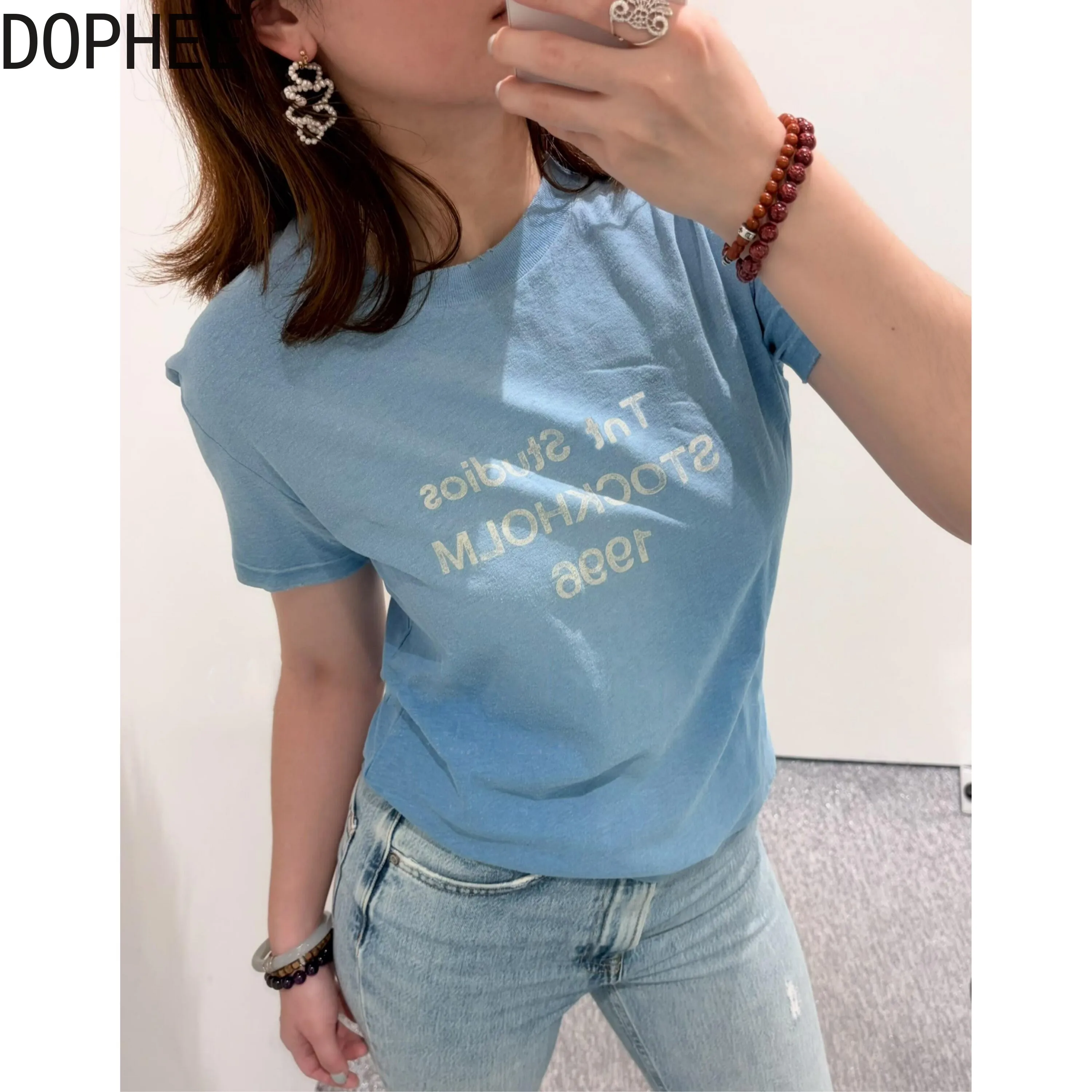 American Hot Chick Slim Cotton-linen T-shirt Spring Summer Short Sleeve Couple's Tees Round Neck Letters Printed Blue T Shirts