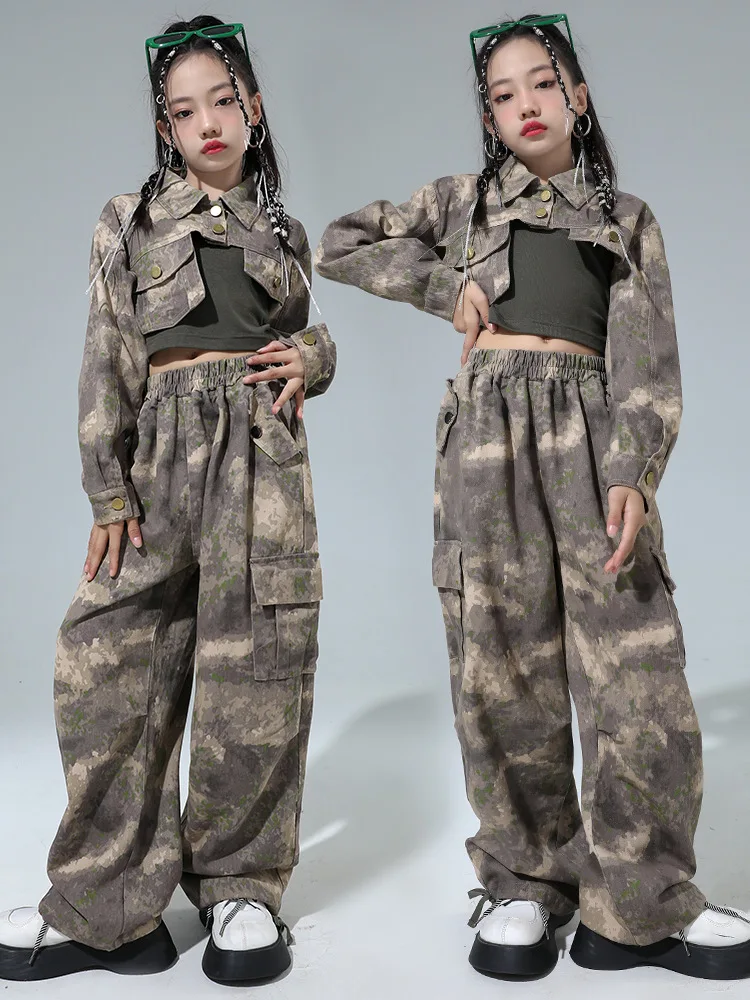 

Kid Cool Hip Hop Clothing Camouflage Crop Shirt Top Casual Flap Pockets Tactical Cargo Pants for Girl Jazz Dance Costume Clothes