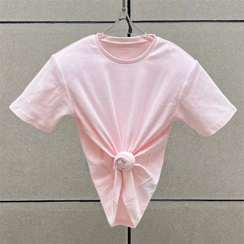 

Женская футболка, новый эластичный вязаный топ с короткими рукавами на лето 2024, облегающий укороченный топ, пуловер из смеси хлопка y2k