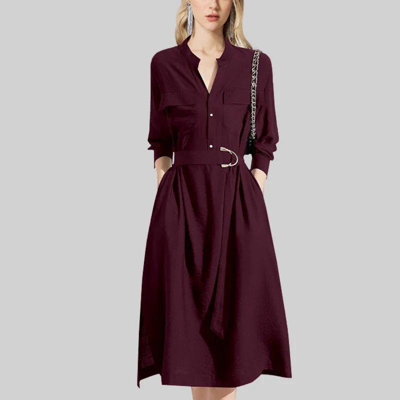 Französisch einfach elegant elegant V-Ausschnitt Langarm hoch taillierten Gürtel Slim Fit A-Linie Temperament Pendler Shirt langes Kleid für Frauen Herbst