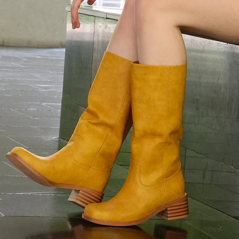

Onlymaker Women Round Toe Knee High Boots Low Heel Fashion Pull on Wide Calf Boots