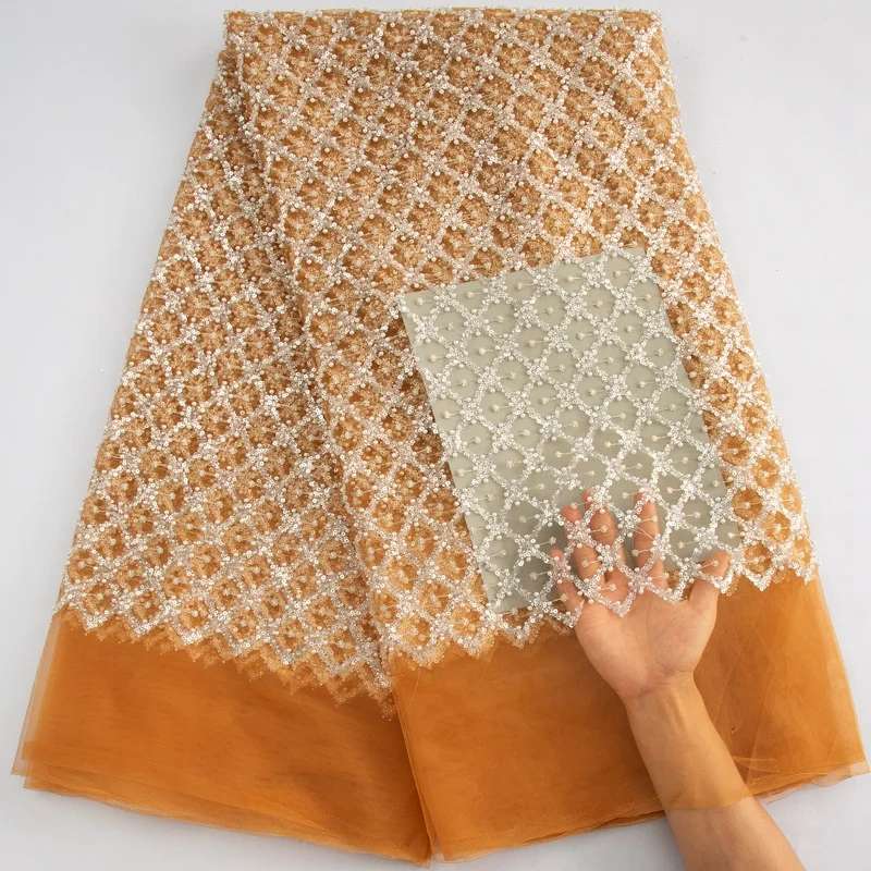 

Latest African Lace Fabric 2024 High Quality Nigerian Beaded Lace Embroidery French Tulle Sequin Lace Materials For Gown S3634