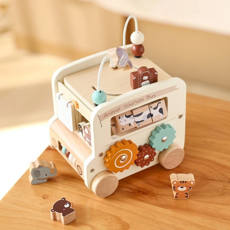 Drewniane zabawki dla dzieci Montessori Busy Toys Gry edukacyjne Autobus 5 w 1 Busy Box Zabawki Montessori Baby Toys 0 12 miesięcy Prezenty dla dzieci