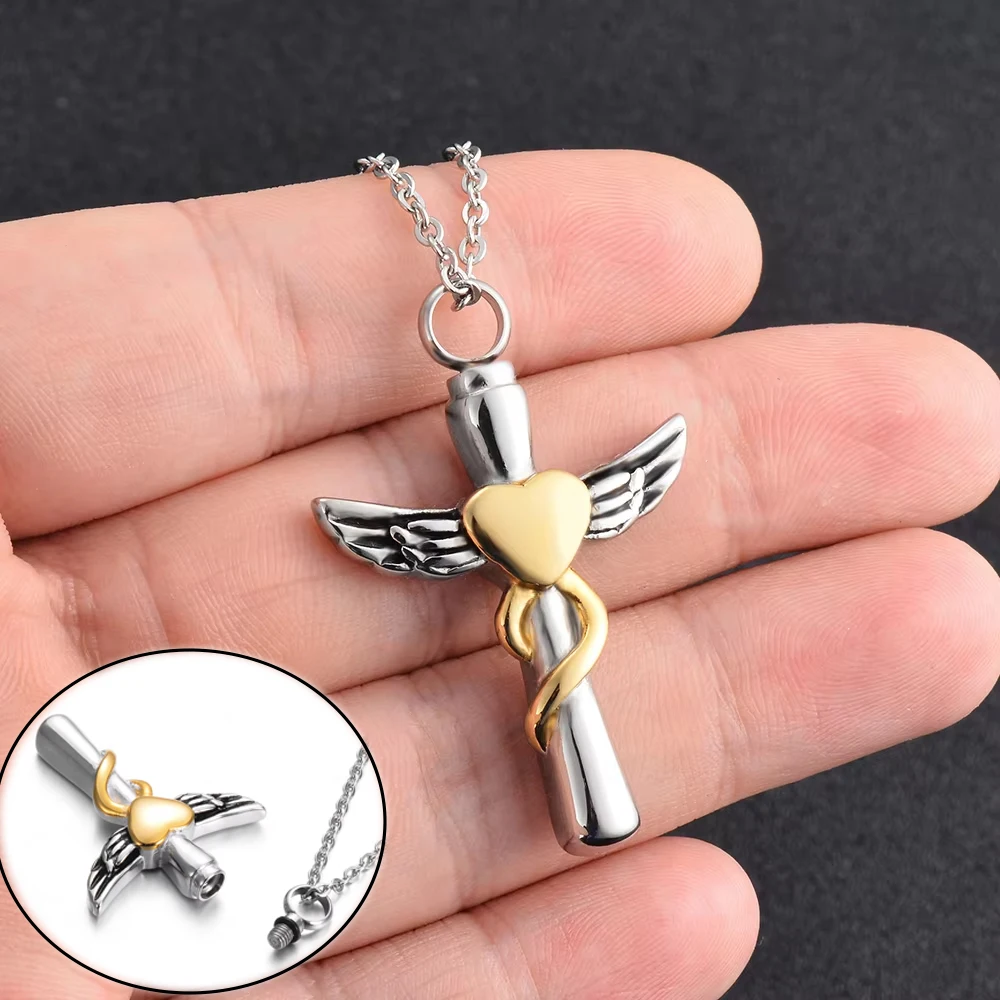 الصليب جرة رماد قلادة للنساء الرجال القلب الملاك الجناح الفولاذ المقاوم للصدأ حامل تذكاري قلادة تذكار دروبشيبينغ