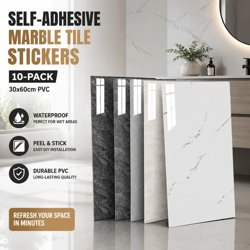 Self-Adhesive Marble Tile Stickers , 30x60cm PVC Waterproof Peel-and-Stick Wall & Floor Tiles for Kitchen Bathroom