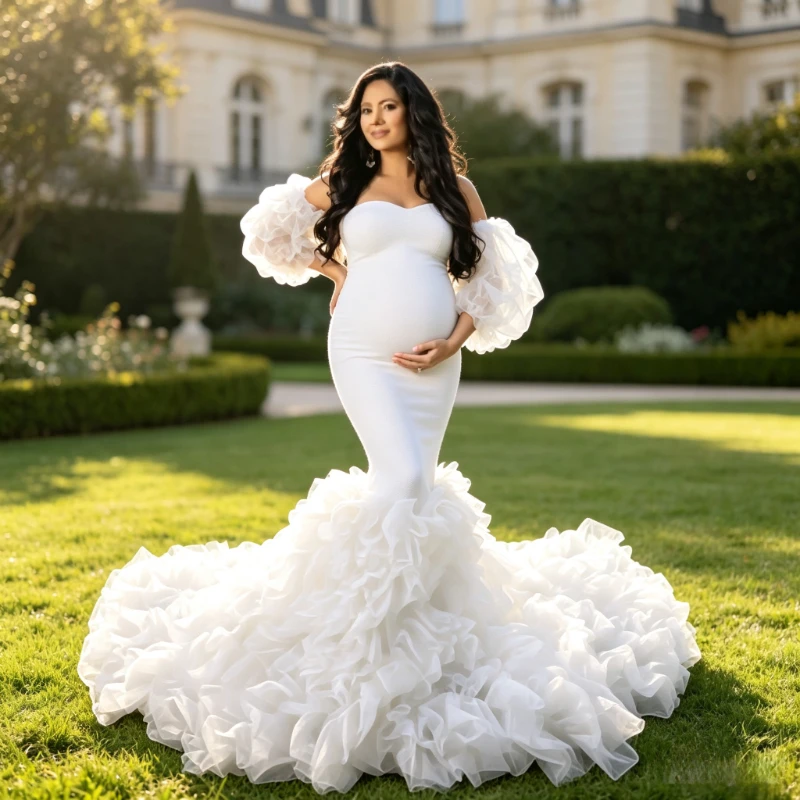 Mermaid Maternity Gown with Sweetheart Neck & Long Train – Fitted Pregnancy Dress for Baby Shower & Studio Photography view 4