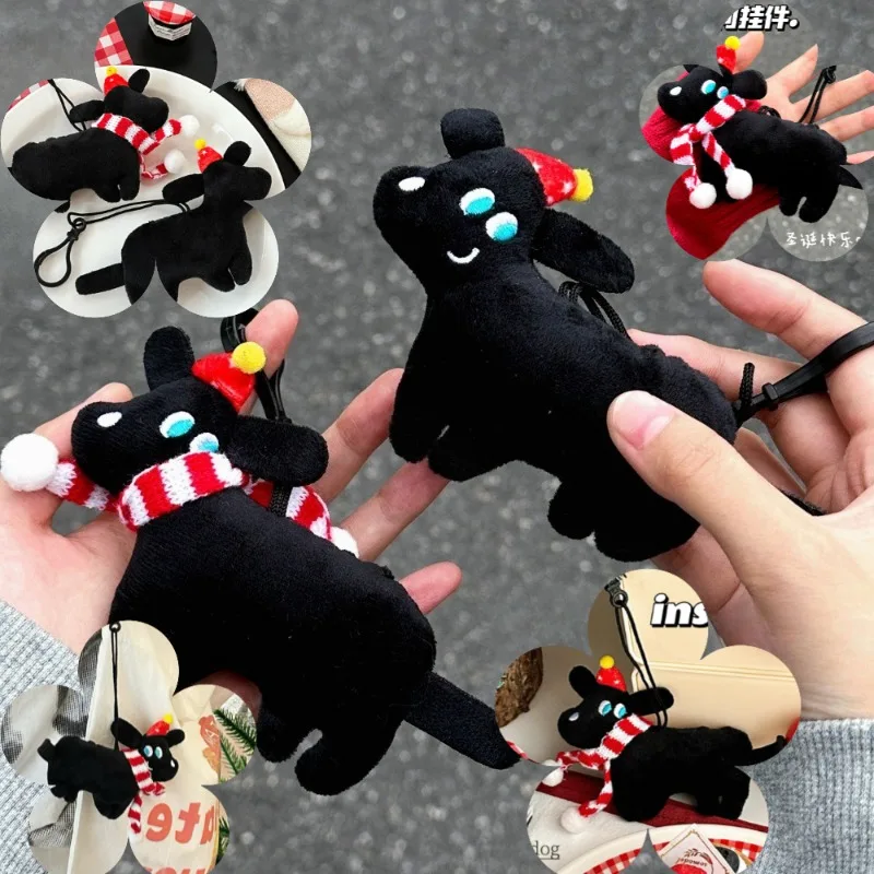 Mochila encantos cão preto chaveiro bonito estilo coreano pelúcia boneca com cachecol dos desenhos animados natal filhote de cachorro pingente presentes llaveros
