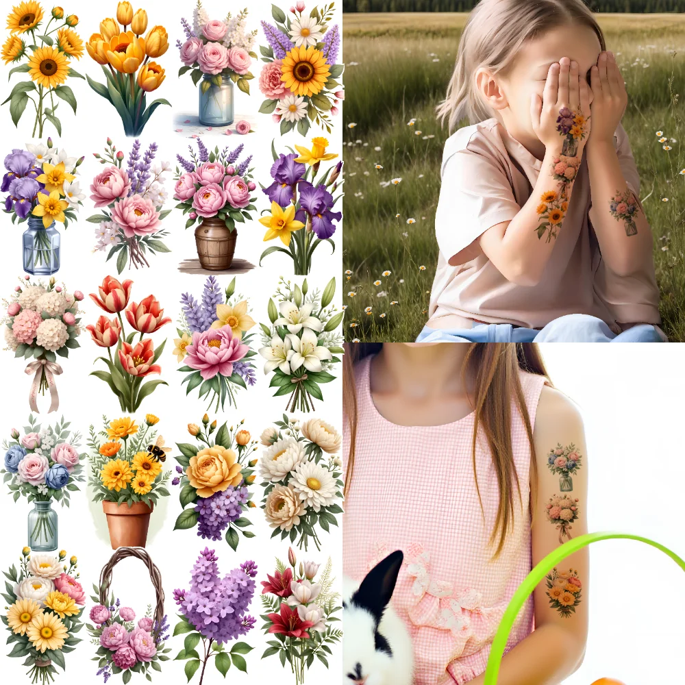 

63pcs Temporary Tattoo Flower Stickers Illustration Decorative Stickers Temporary Tattoo Stickers For Shoulders Cheeks