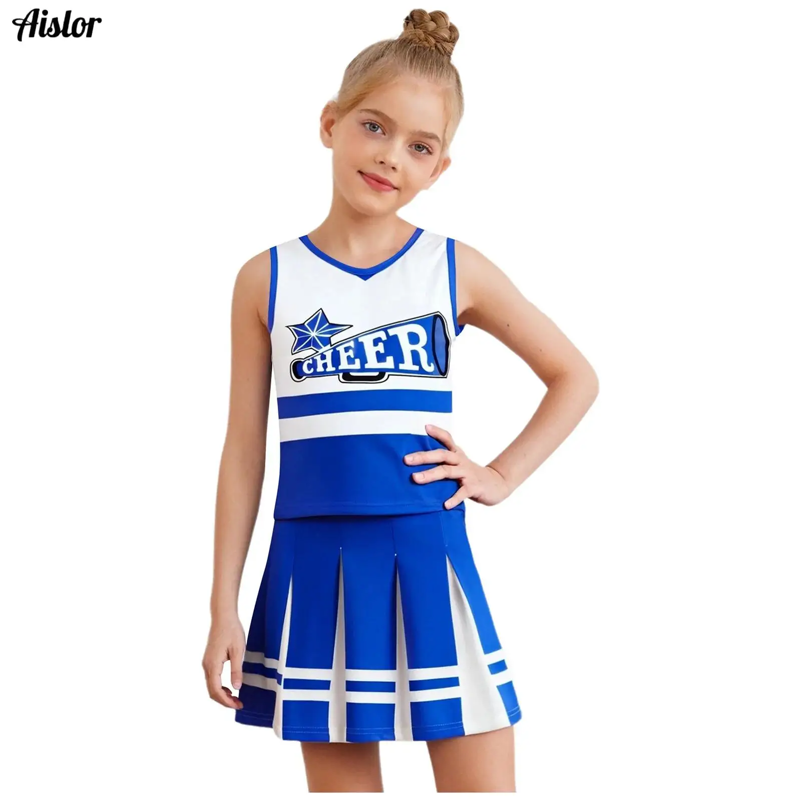 

Kids Girls Cheer Leader Costume Cheerleading Dance Outfit Print Round Neck Sleeveless Top+Pleated Skirt for School Sports Party