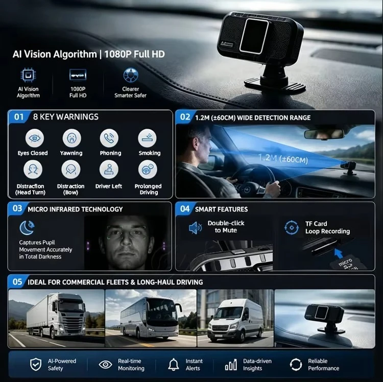 

for All 12V/24V Vehicle Plug and play 1080P AI DMS GPS Camera Support vedio recording 24H Fatigue Sleepy Distraction Reminder