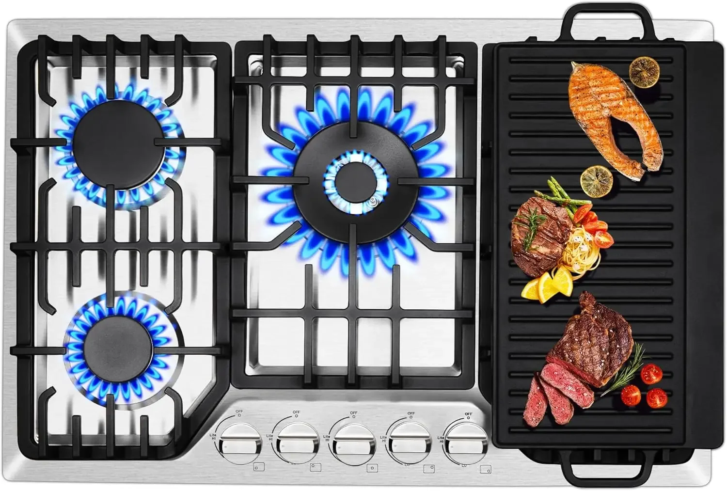 30 Inch Bulit-In Gas Cooktop with Griddle, 5 Italy SABAF Powerful Burners Over 92% High Efficiency, Max 48300BTU Gas Stove Top