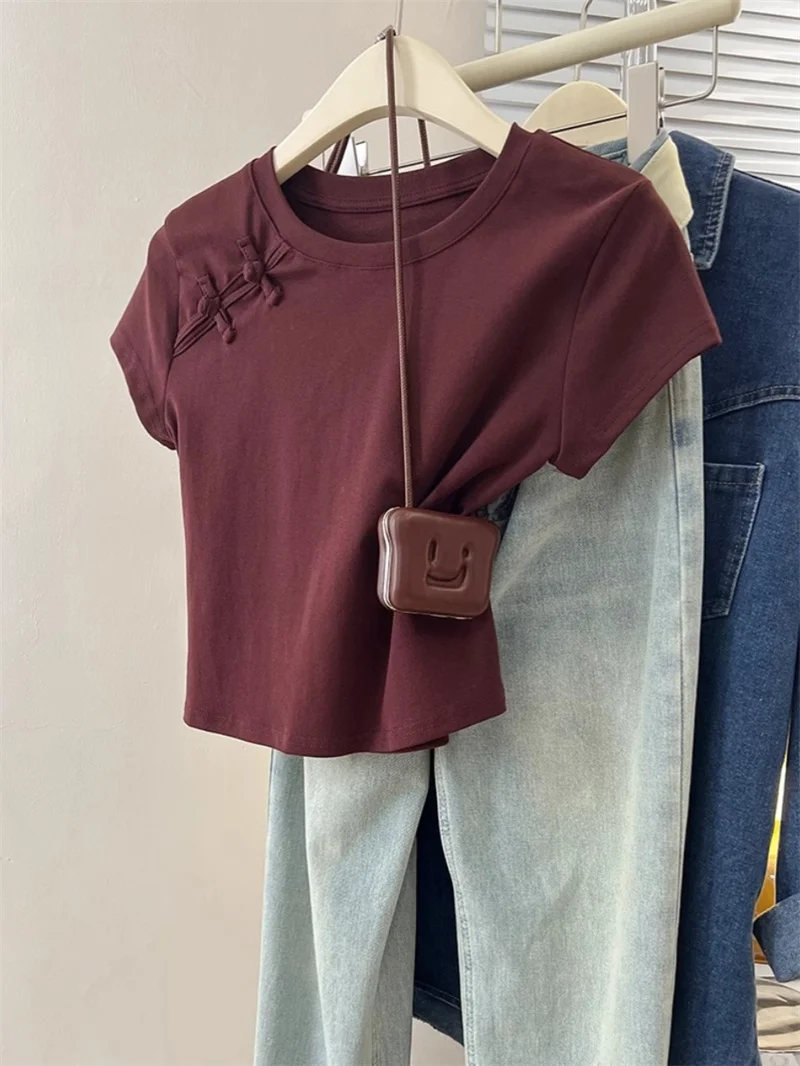 

New Chinese Style Button Short Sleeve Women's T-shirt Slim Fit round Neck Cotton Blend Summer Fashion Retro Design Top