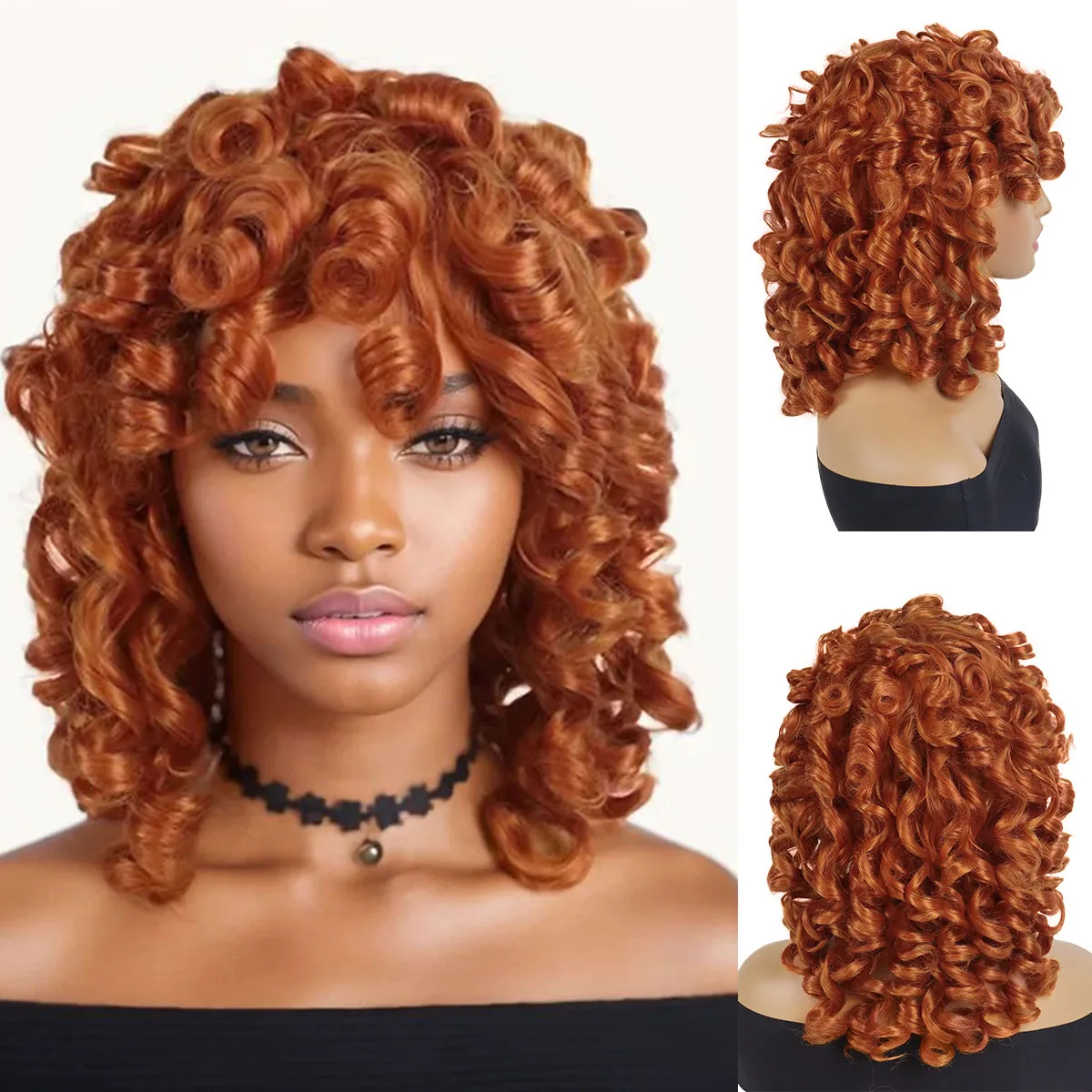 Synthetic Orange Curly Wig Short Afro Kinky Hair Ginger Wigs with Bangs Fluffy African American Wig Clearance Sale Cheap Wigs