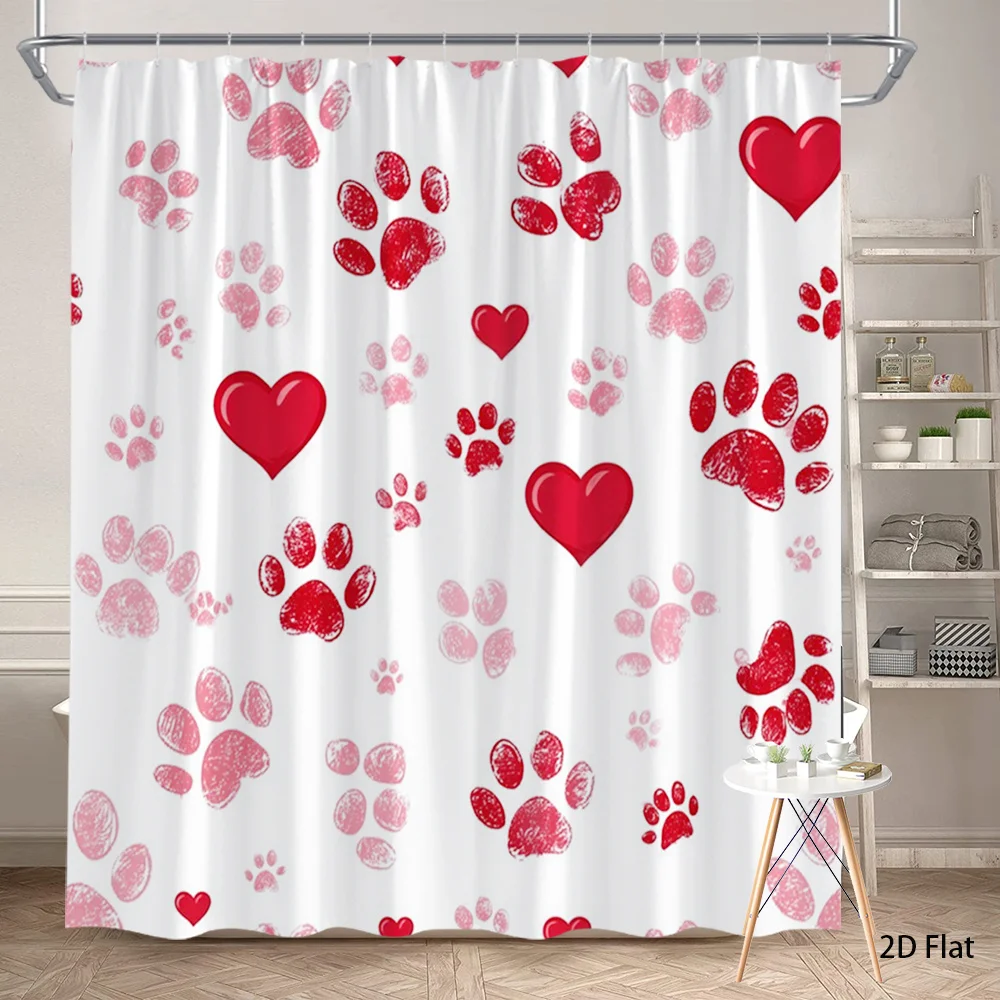 

Занавеска для душа с принтом лап и сердечек, 1 шт. – Красные и розовые собачьи лапы с символами любви, милый арт для любителей животных, для романтического декора ванной комнаты.