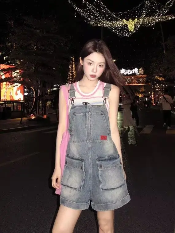 American Retro Pocket Work Denim Strap Shorts Women Summer New Loose Slim Niche Design Jumpsuit