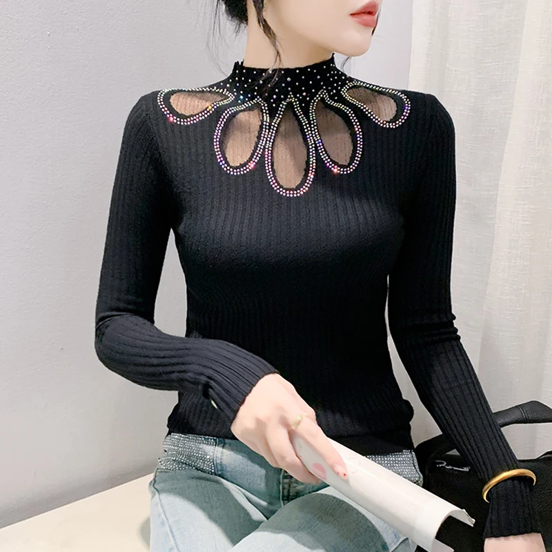 Autumn Winter Sexy Diamond Knitted Pullovers Patchwork Mesh Knitwear Slim fit Haf High Collar Long sleeve Women Tops