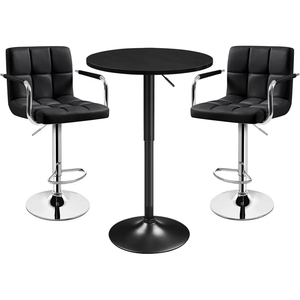 

Круглый барный стол с 2 вращающимися стульями из искусственной кожи черного цвета