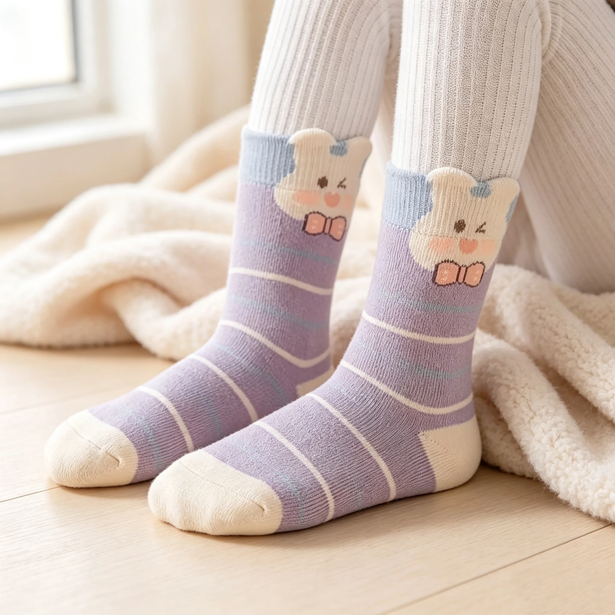 5 Paar Kinder-Frotteesocken, Winter, dick, warm, mittelhohe Socken, mit niedlichem Cartoon-Motiv (Hase, Bär), dehnbar, weich, für Mädchen. – Detail 2