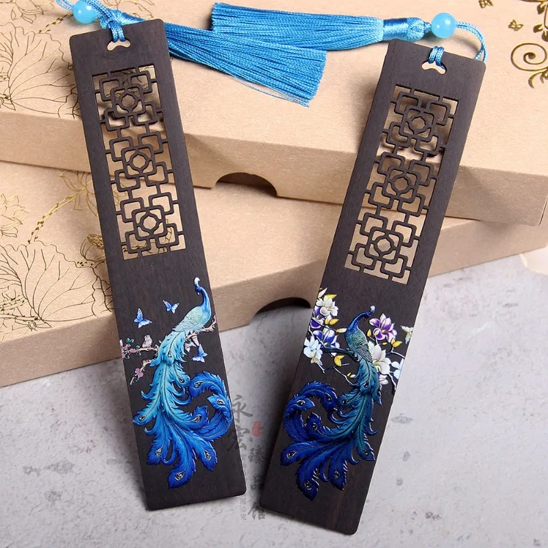 Popular 1Pcs Hollow Carved Ebony Peacock Bookmarks with Tassels Students Reading Tools School Graduation Gifts Travel Souvenirs