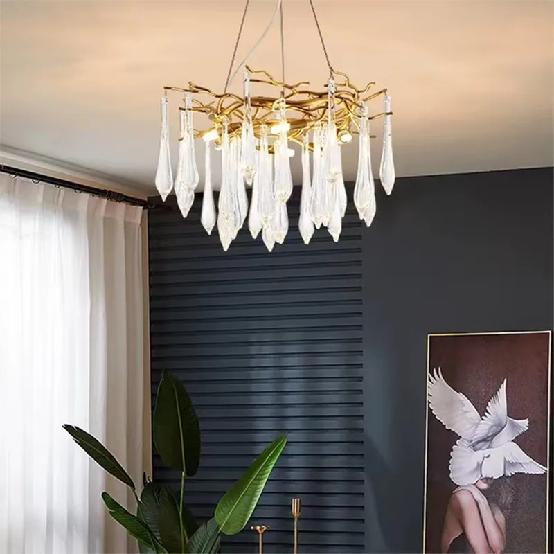 Candelabro de gota de lluvia creativo, lámpara de ramas de árbol de cristal de lujo, decoraciones de habitación para niñas, lámpara colgante de cristal romántica encantadora