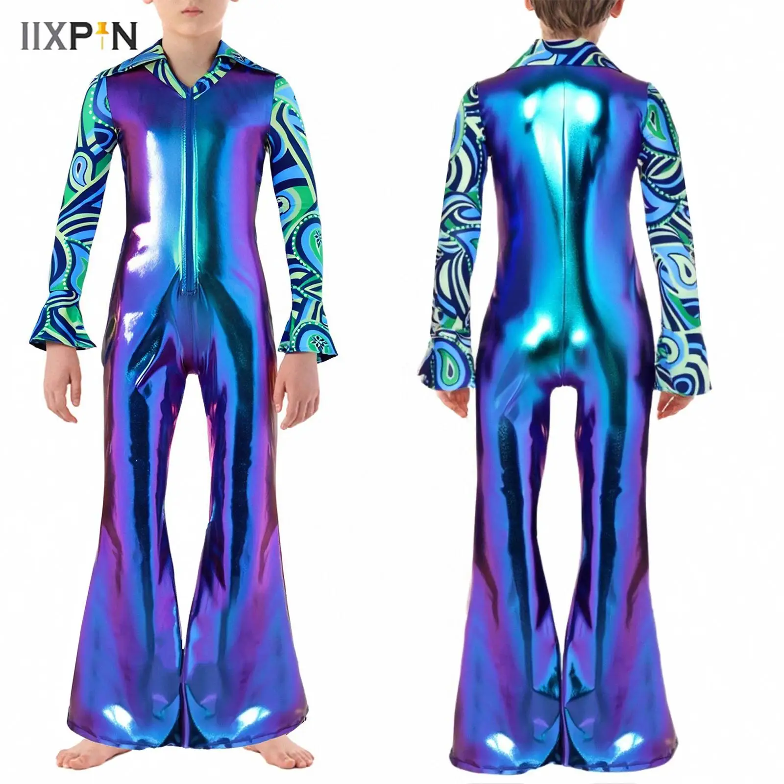 

Kids Boys Fashion Printed Jumpsuit Disco Dance Costume Shiny Metallic Lapel Collar Long Flare Sleeve Zipper Bell-Bottomed Pants
