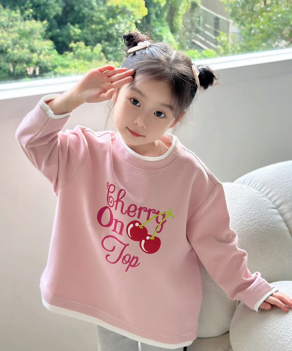 

baby girls clothes kids tops soft baby Sweatshirt Round neck patchwork cherry pattern letter printed casual pullover