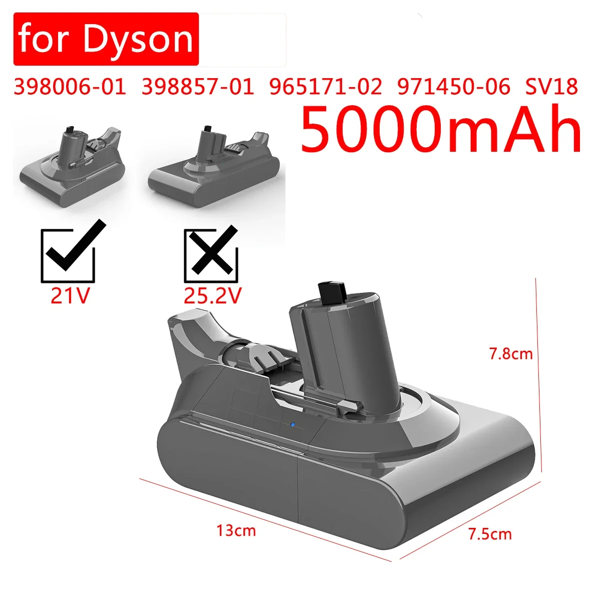 

Аккумулятор 5000 мАч / 45.00 Вт·ч для пылесосов Dyson 398006-01, 398857-01, 965171-02, 971450-06, SV18, V10 Slim, V10 Digital Slim, V15 Detect