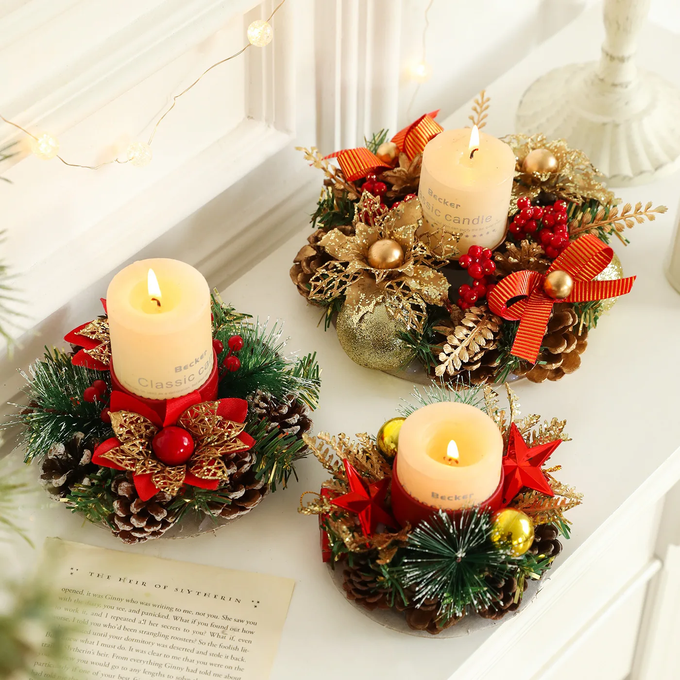Christmas Candle Holders W/ Berries Pinecones Flower Mini Artificial Pine Table Centerpiece for Xmas New Year Tabletop Dining