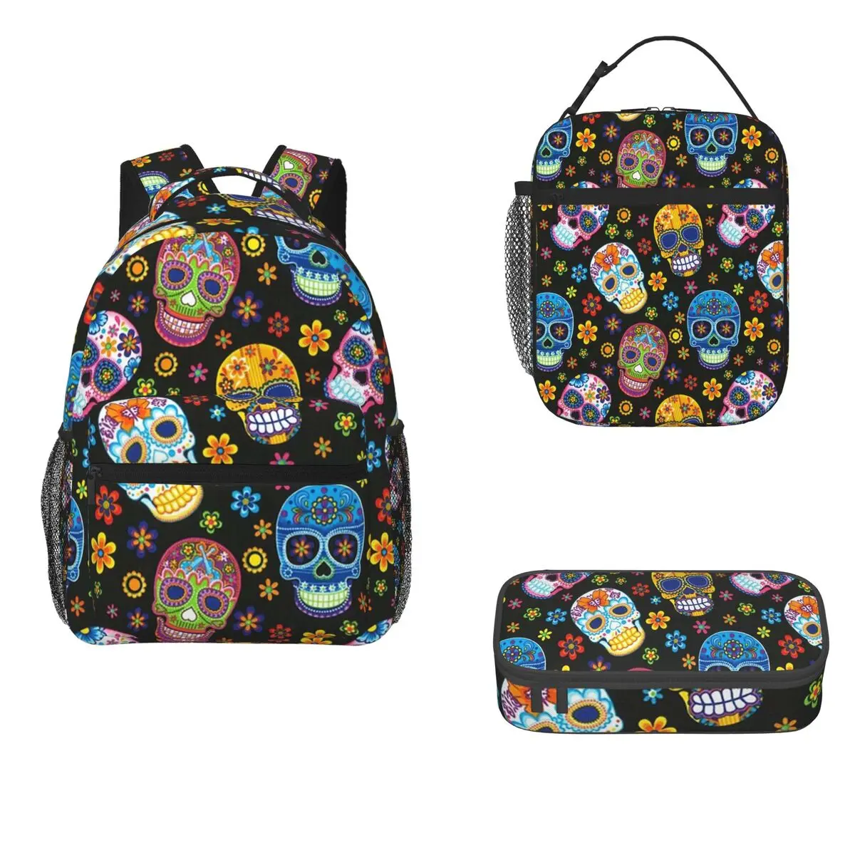 

Day Of The Dead Sugar Skulls Backpacks Boys Girls Bookbag Children School Bags Kids Rucksack Lunch Bag Pen Bag Three-Piece Set