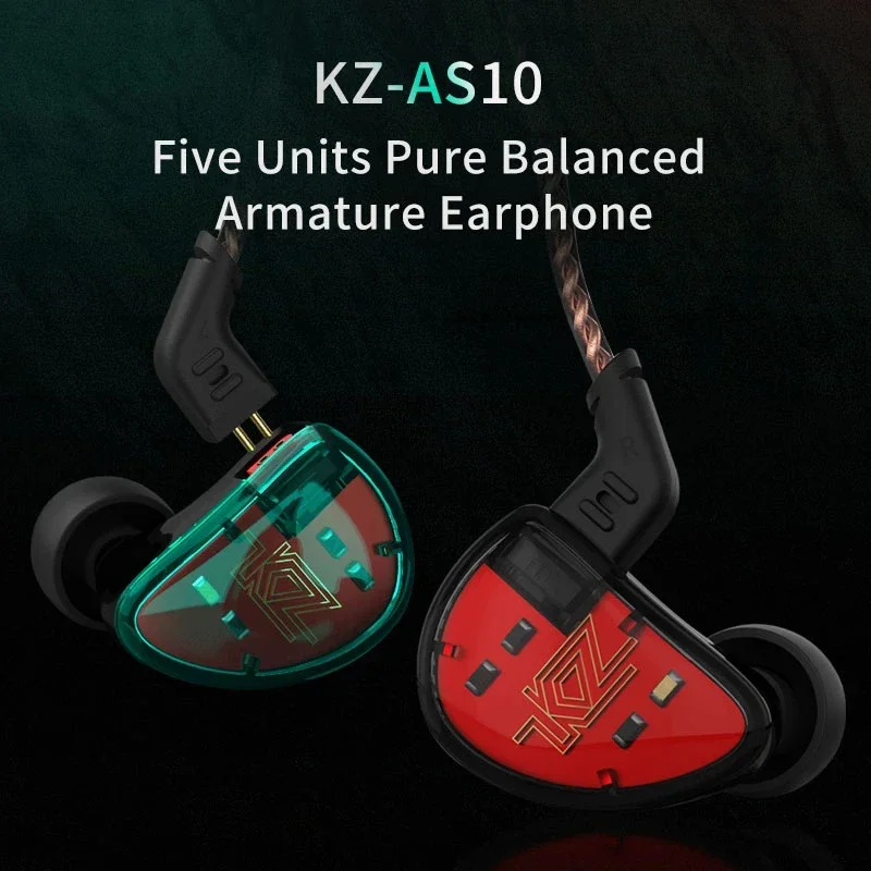 KZ AS10 5BA Hi-Fi стерео наушники-вкладыши с высоким разрешением и 2-контактным кабелем 0,75 мм, пяти сбалансированным арматурным драйвером