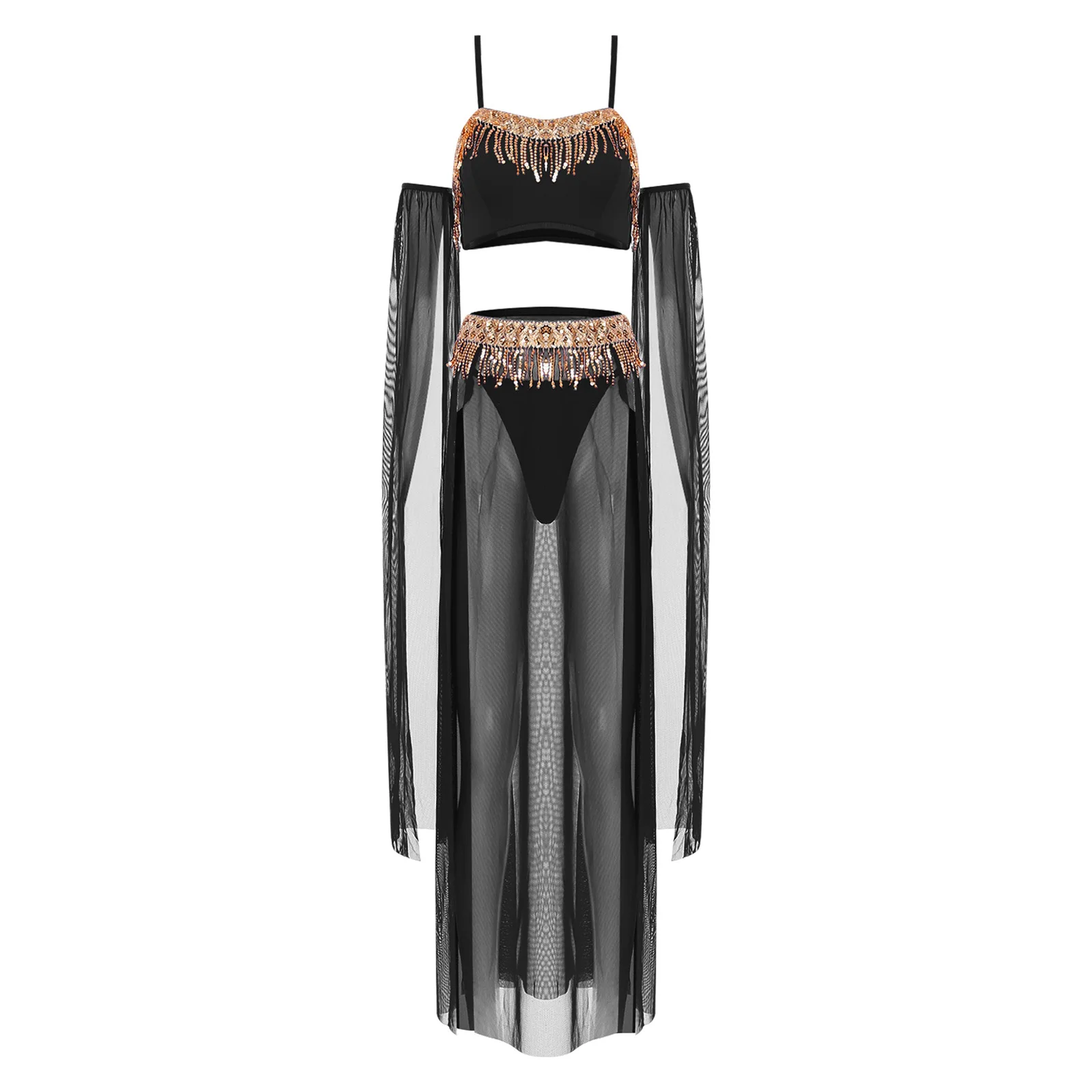 

Women Adult Belly Indian Dance Tassel Crop Top with Slit Maxi Skirt And Briefs Sets for Pole Dunhuang Dance Performance Outfits