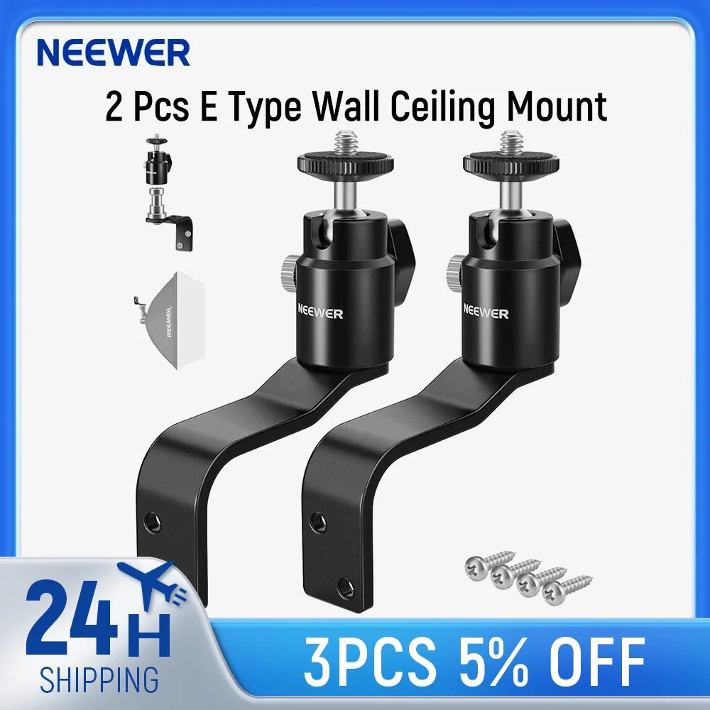 NEEWER 2 Pack E Type Wall Ceiling Mount, Ring Light Wall Mount Bracket with Detachable Ball Head for Flash Strobe Camera Monitor