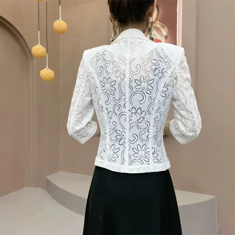 Summer New Blazer Women\'s Korean Fashion Lace Hollowed Out Cropped Sleeves Temperament Slim Lady Sunscreen Clothing Tops 2024