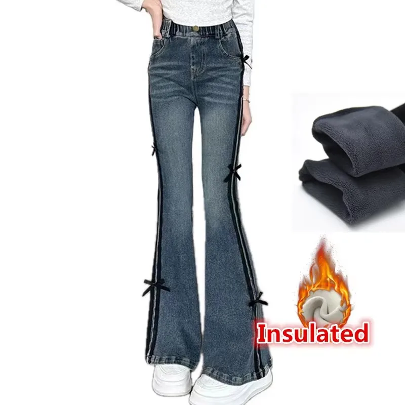 

Winter Kids Girls Insulated Warm Jeans for Children Thermal Flare Jeans Elegant Boot Cut Denim Pants Teens Fleece-lined Trousers