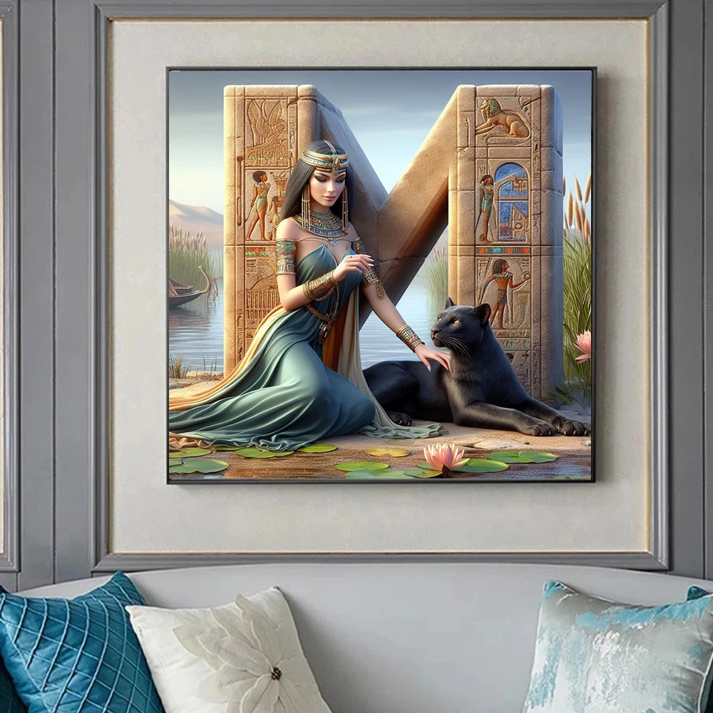 Retro Regal Egyptian Woman and Black Panther Ancient Egyptian Pyramids 26 Letters Canvas Painting Wall Poster Bedroom Home Decor