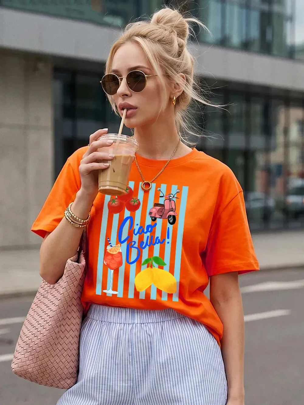 Ciao Bella Aperol Spritz Prints T-Shirts Womens Cotton Summer Short Sleeve Tees Casual O-Neck Oversized Tops Street Soft Clothes